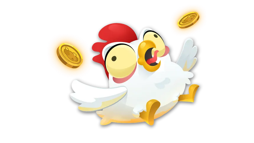Huhn läuft mit fliegenden Münzen — die Demo läuft mit Spielgeld