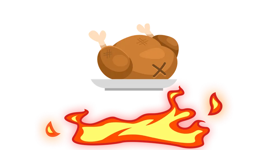 Gebratenes Huhn über Flammen: ein Schritt zu weit, und die Runde ist verloren
