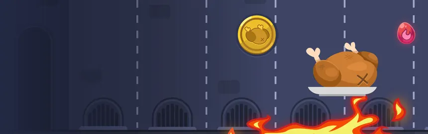 Risiko im Spiel: gebratenes Huhn auf dem Teller über Flammen, Münze und Feuer-Ei