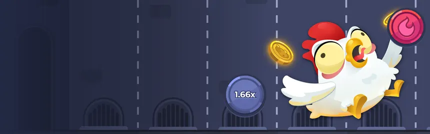 Chicken Road 2.0: Huhn mit Münzen, Multiplikator 1,66x und Feuer-Symbol